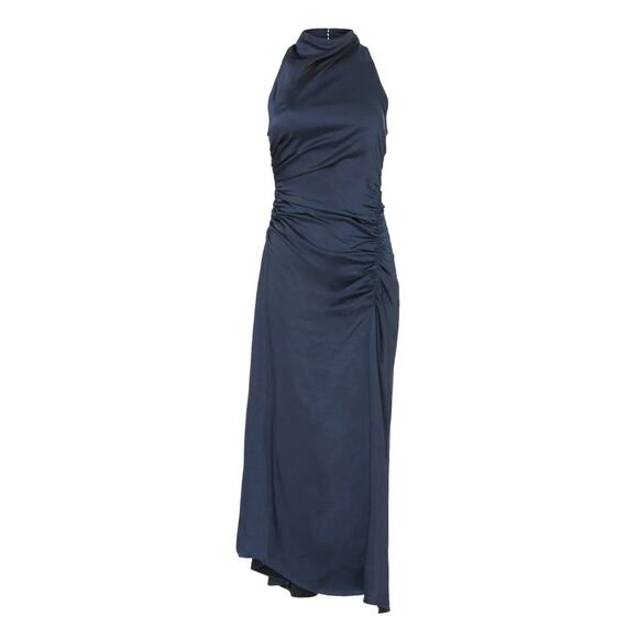 A.L.C. Blue Satin Halter Gown Size 8 Cocktail Asymmetric Ruched Midi Dress $500 - Picture 8 of 14